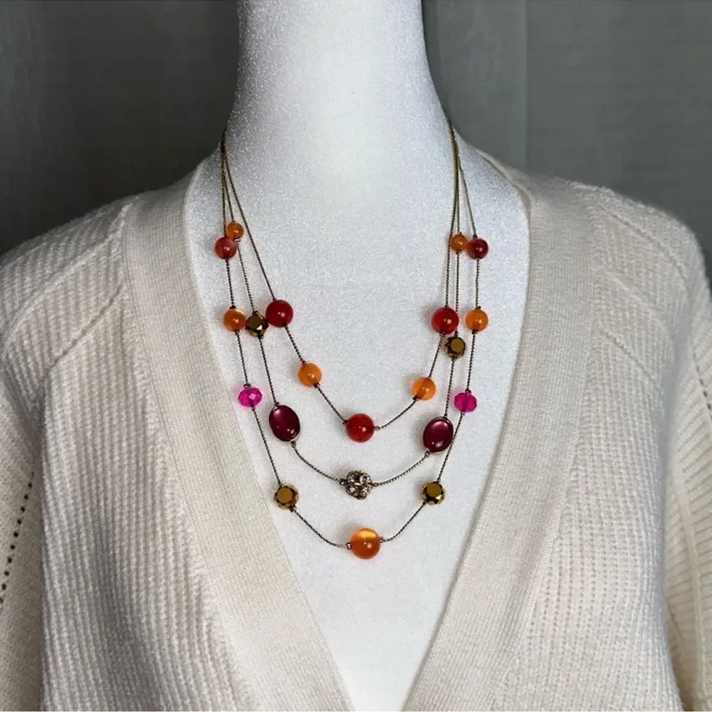 avenue Pink Tangerine Gold Tone Triple Strand Floating Illusion Necklace